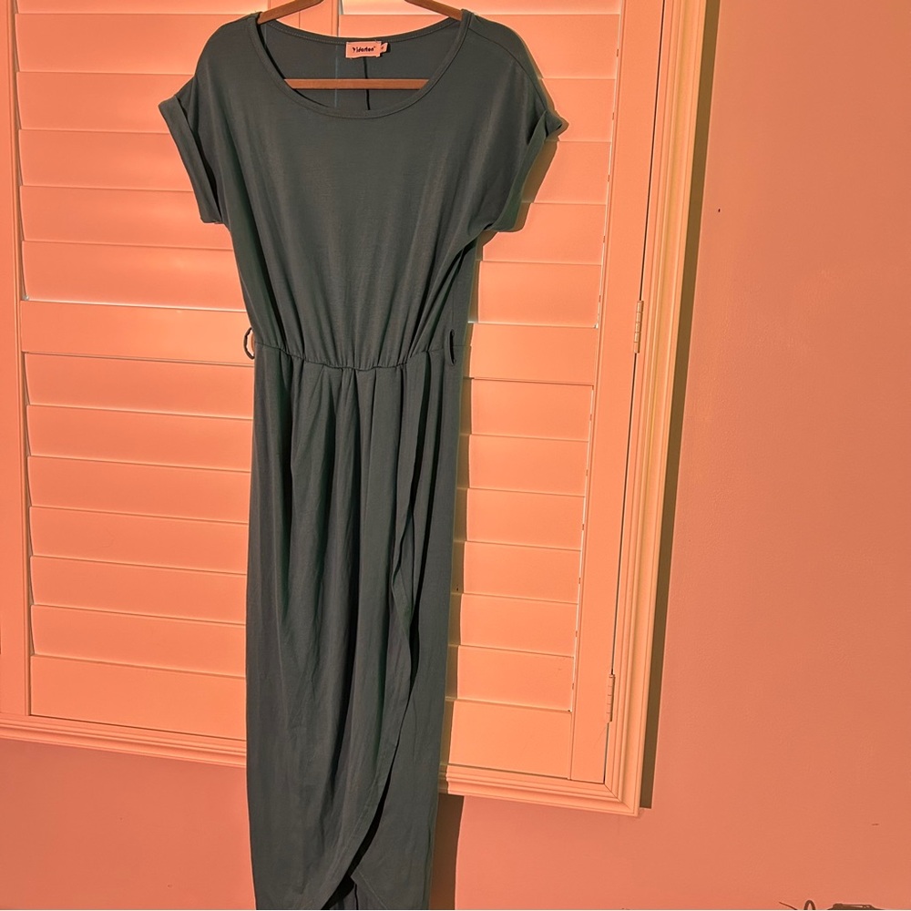 Yidarton Faux Wrap Knit Short Sleeved Dress Aqua Size Small